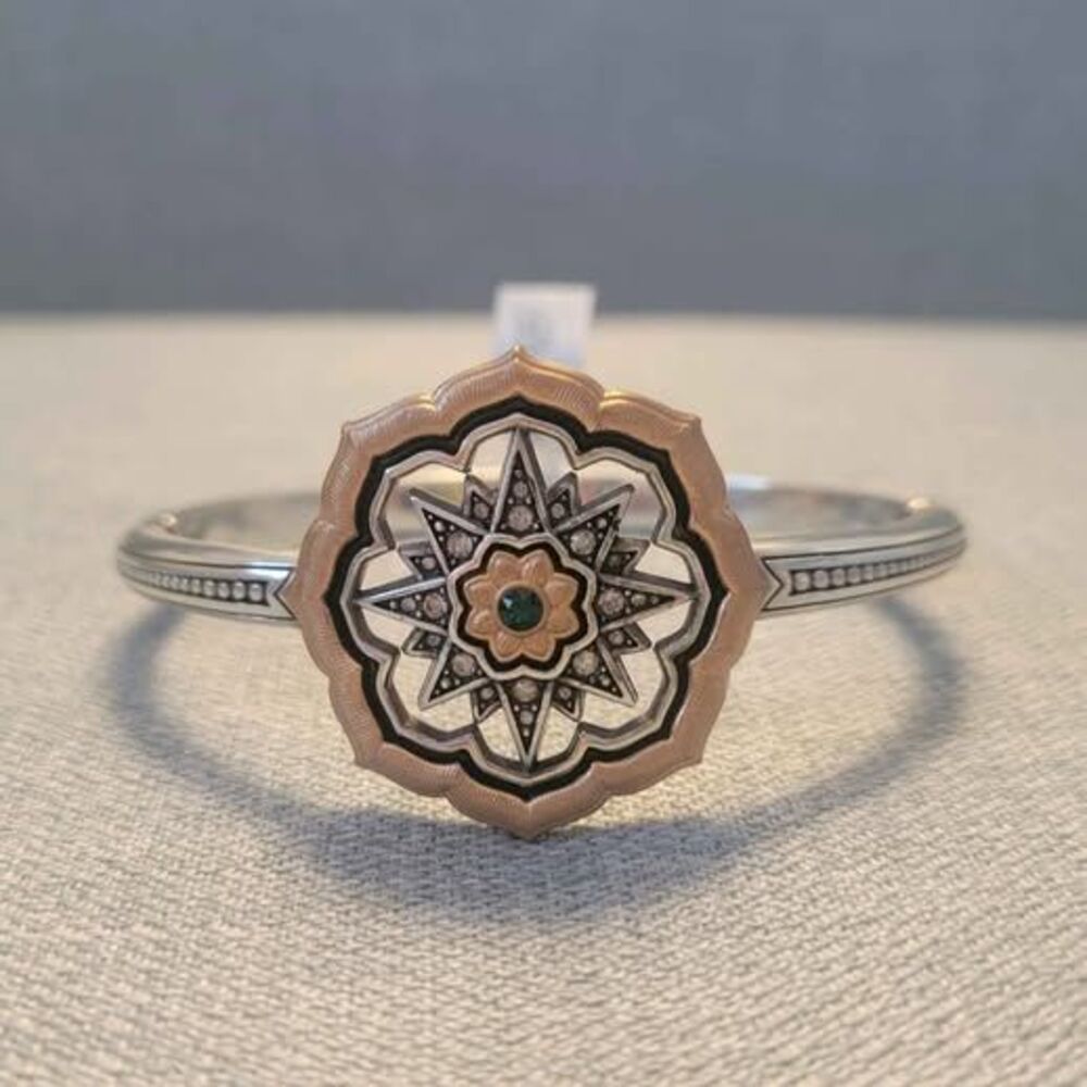 Brighton Silver and Rose Gold Floral Medallion Bracelet with Green Accent